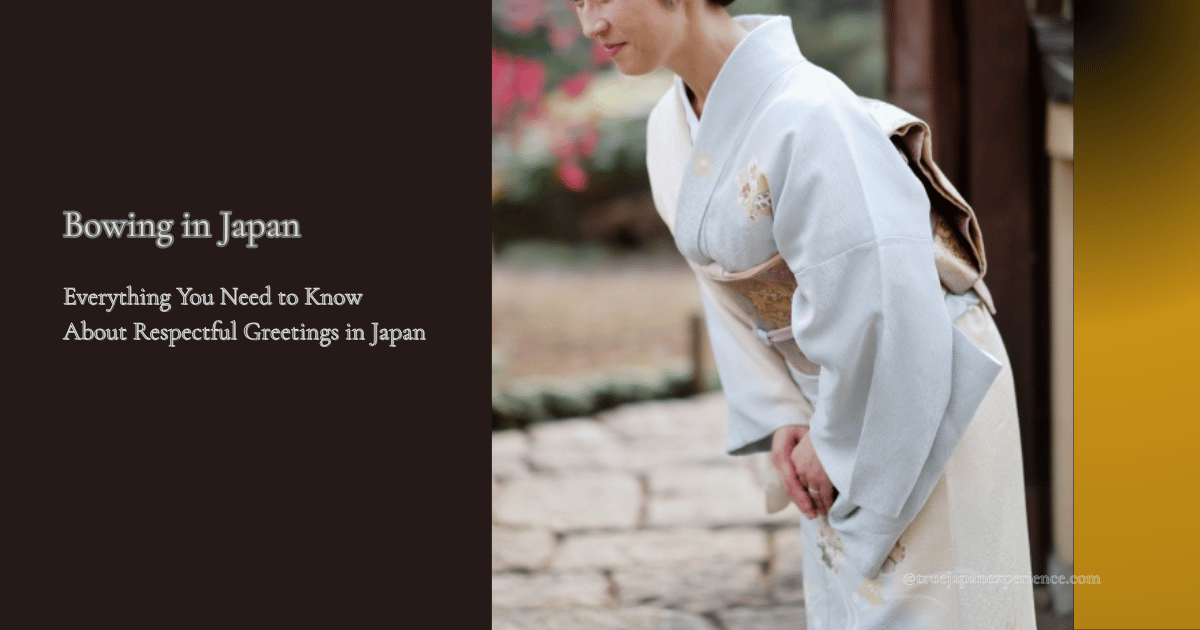 A woman wearing a kimono bowing politely outdoors