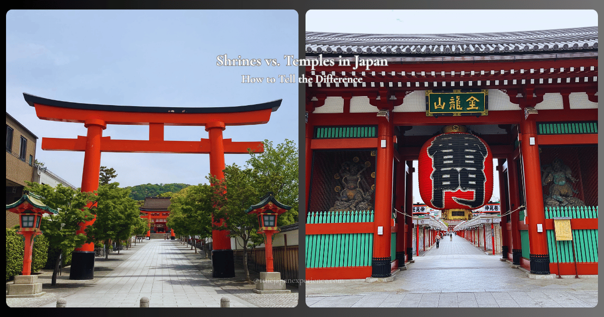 Split image showing a red torii gate at a Shinto shrine and the Kaminarimon gate of a Buddhist temple in Japan