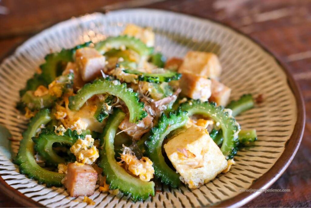 Goya champuru stir-fry with bitter melon, tofu, egg, and pork