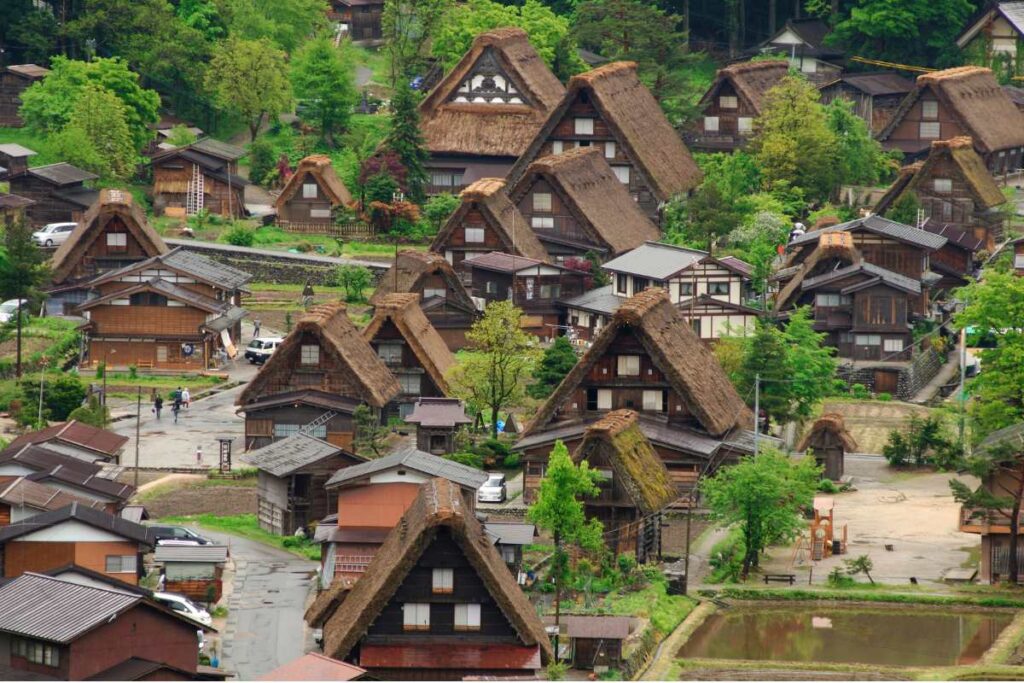 Close-up view of gassho-zukuri thatched-roof houses in Shirakawa-go, a UNESCO World Heritage site.