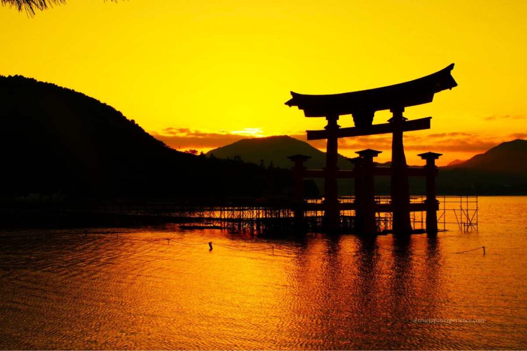 Sunset view of the floating torii gate at Itsukushima Shrine on Miyajima Island