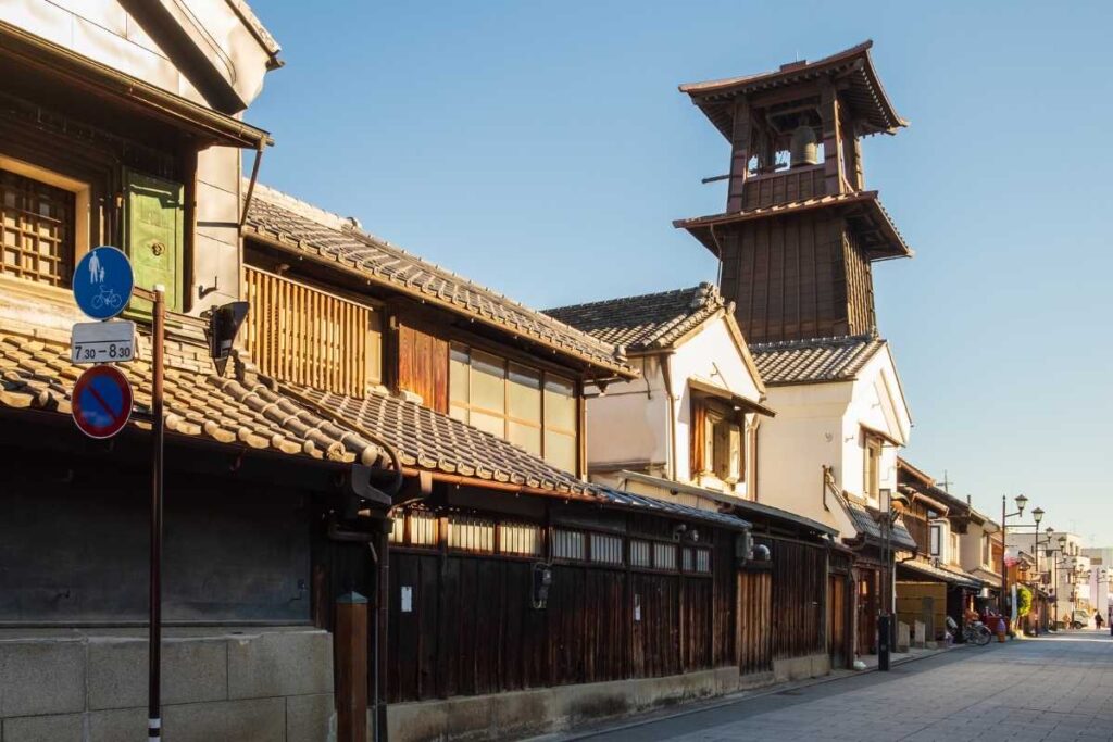 The iconic wooden bell tower Toki no Kane rising above the historic streets of Kawagoe