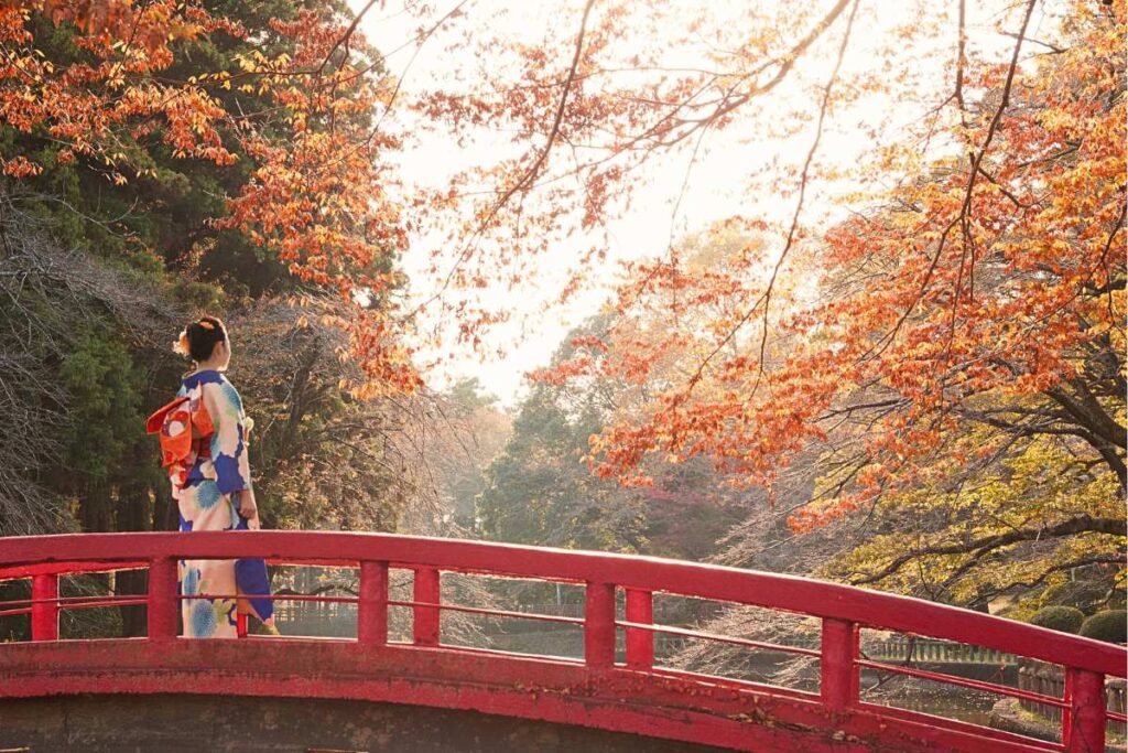 Woman in kimono standing on a red bridge surrounded by autumn leaves in Japan