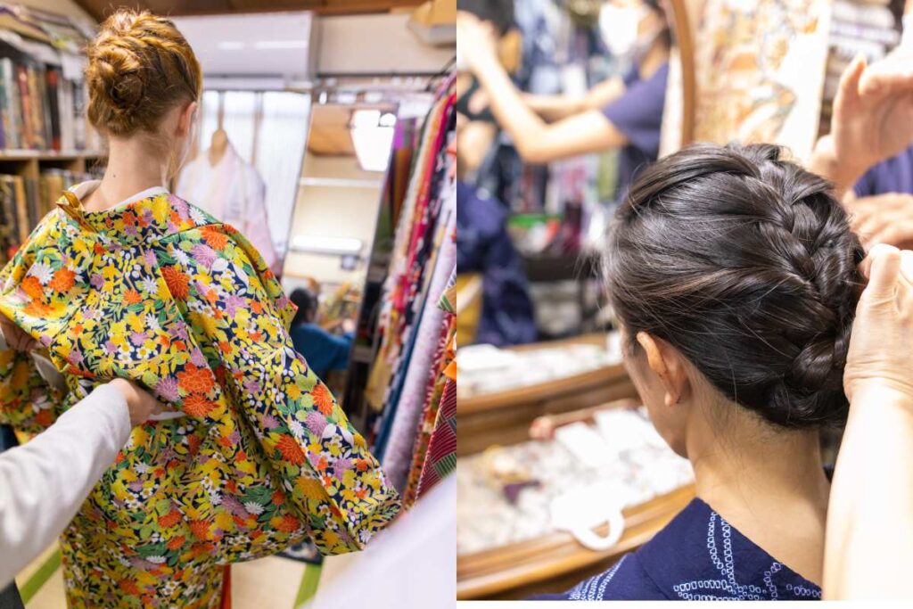 A stylist helps a woman into her kimono and sets her hair in a traditional style