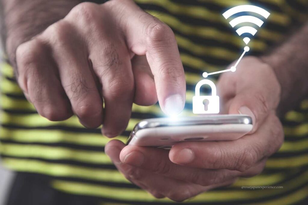 Person using a smartphone with a glowing Wi-Fi and lock icon representing secure connection