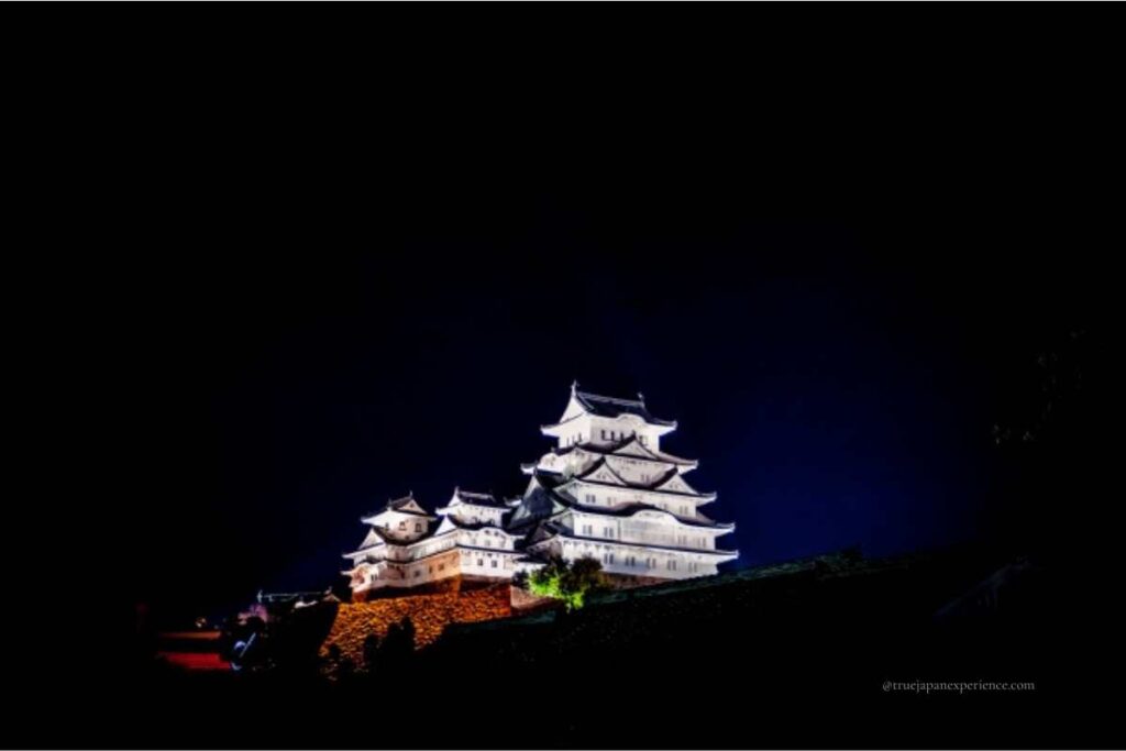 Night view of Himeji Castle illuminated with white lights against a dark sky