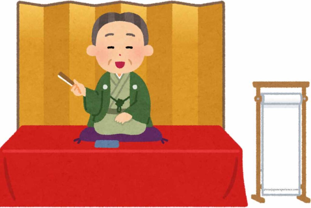 Illustration of a rakugo storyteller performing on stage in traditional kimono