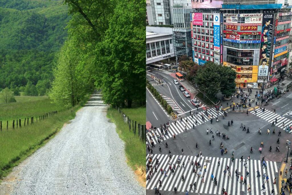Side-by-side comparison of rural Japan and busy Shibuya Crossing in Tokyo.
