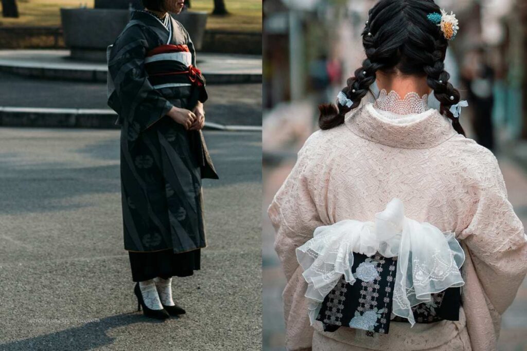 Modern women wearing kimono with stylish accessories like heels, lace, and braided hair, showing a contemporary take on traditional Japanese fashion.