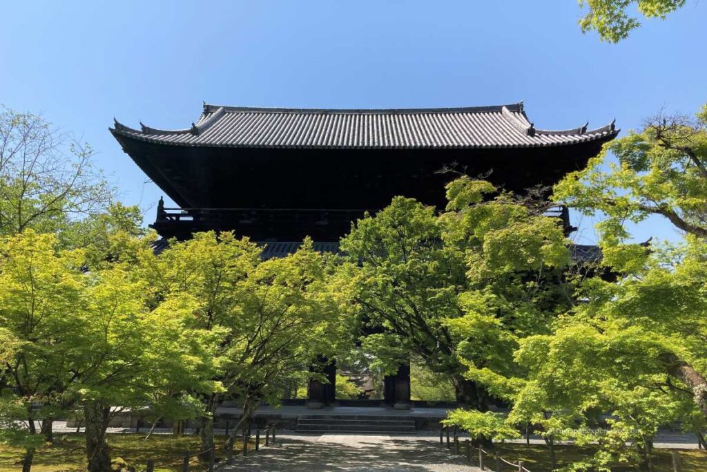 Sanmon Gate of Nanzen-ji Temple framed by fresh green maple trees under a clear blue sky in spring.