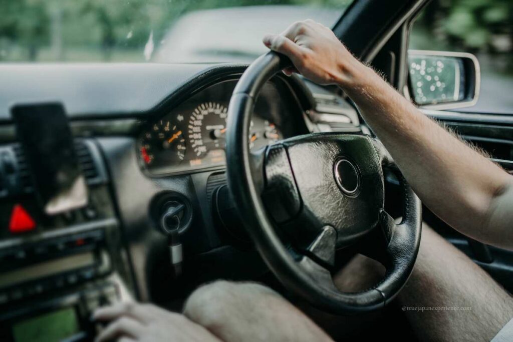 Close-up of a person driving a right-hand drive car.