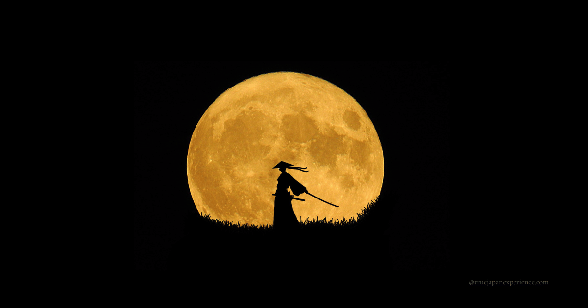 Silhouette of a samurai standing under a full moon at night