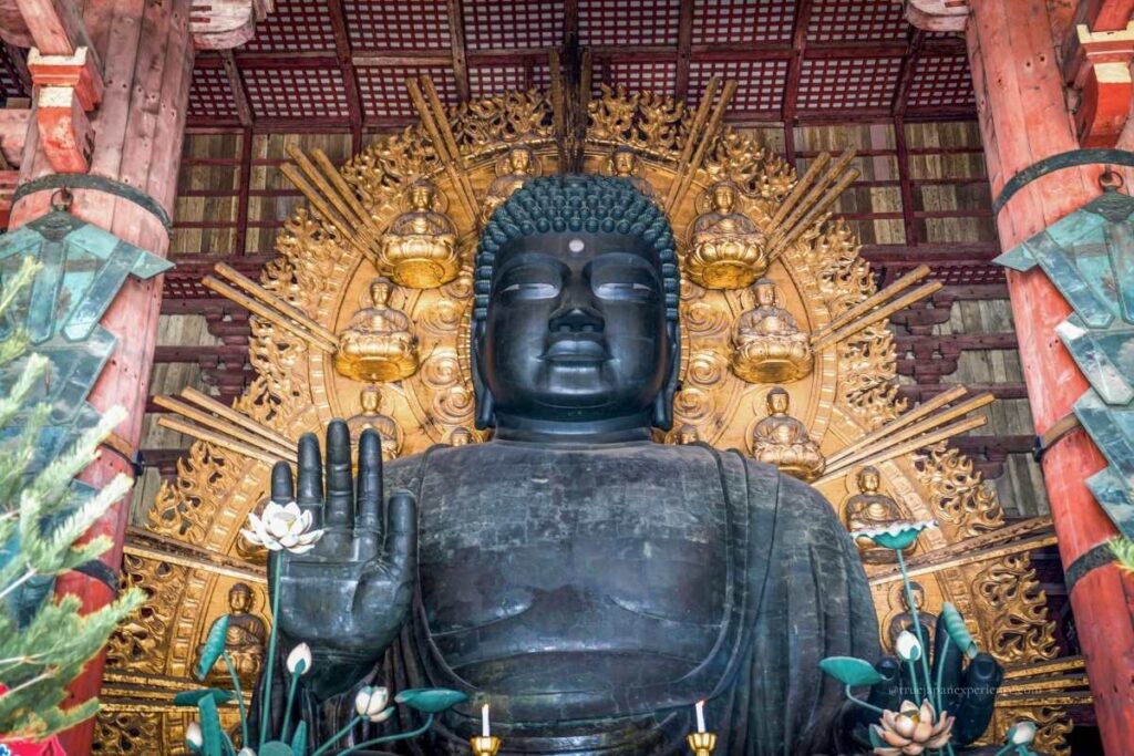Close-up view of the Great Buddha (Daibutsu) statue inside Todai-ji Temple in Nara, Japan, with a golden halo and lotus flowers
