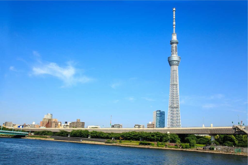 Tokyo Skytree rising above the city skyline on a clear blue day, seen from across the river.