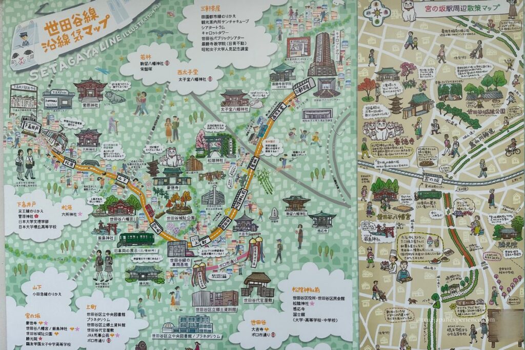 Illustrated map of the Tokyu Setagaya Line and surrounding attractions, including Gotokuji Temple and nearby sightseeing spots in Tokyo, Japan