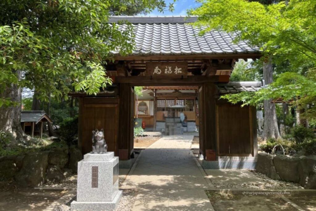Wooden temple gate at Gotokuji Temple in Tokyo, Japan, with a small Maneki-neko statue on a stone pedestal in the foreground
