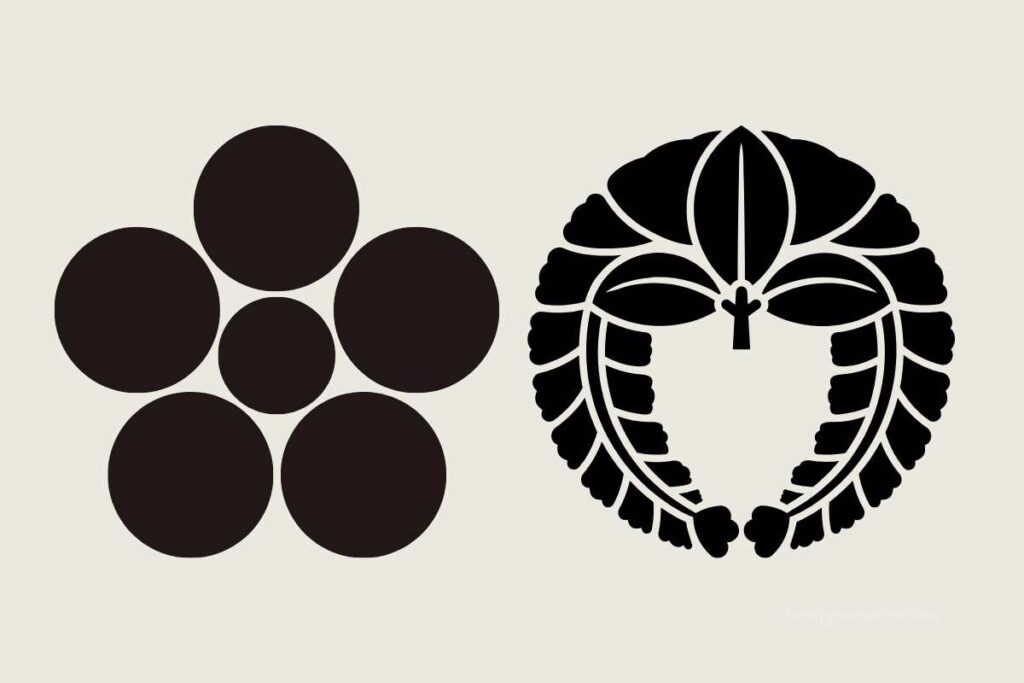 Two traditional Japanese family crests (kamon): on the left, a plum blossom design made of six solid circles, and on the right, a stylized wisteria motif enclosed in a circular frame.