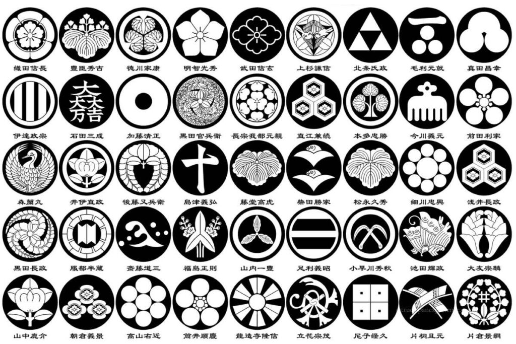 Collection of traditional Japanese family crests (kamon) in black and white, each with unique motifs such as flowers, leaves, geometric shapes, and symbols of famous samurai clans, with the clan names written below in Japanese.