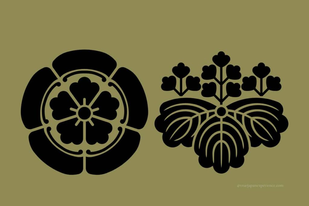Two traditional Japanese family crests (kamon): on the left, the Oda Mokko crest with a stylized flower design, and on the right, the Paulownia crest with three leaves and clusters of blossoms.