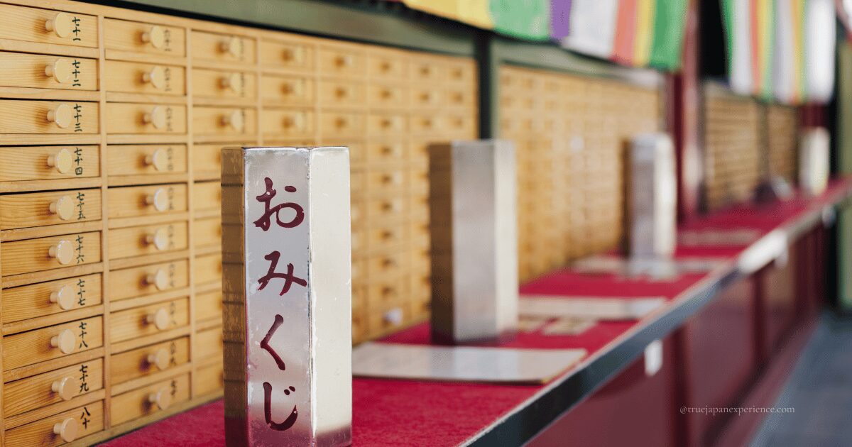 Omikuji fortune-drawing boxes and drawers at a Japanese temple or shrine