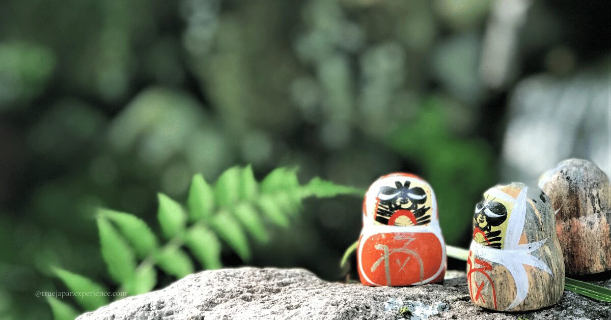 Two small painted daruma dolls placed on a stone at Katsuoji Temple, surrounded by green leaves in the background.