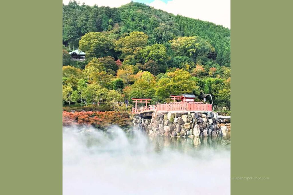 Red torii gate and small shrine on a stone island at Katsuoji Temple, surrounded by autumn trees and mist over the pond.