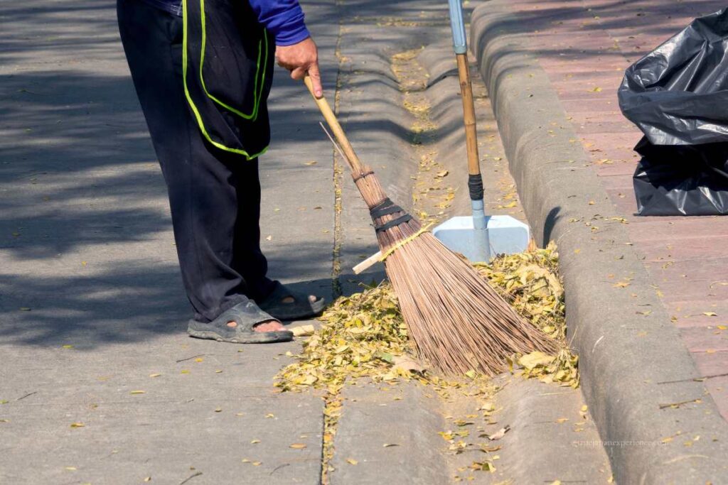 A person sweeping fallen leaves from a roadside with a traditional broom, helping keep the street clean and tidy.