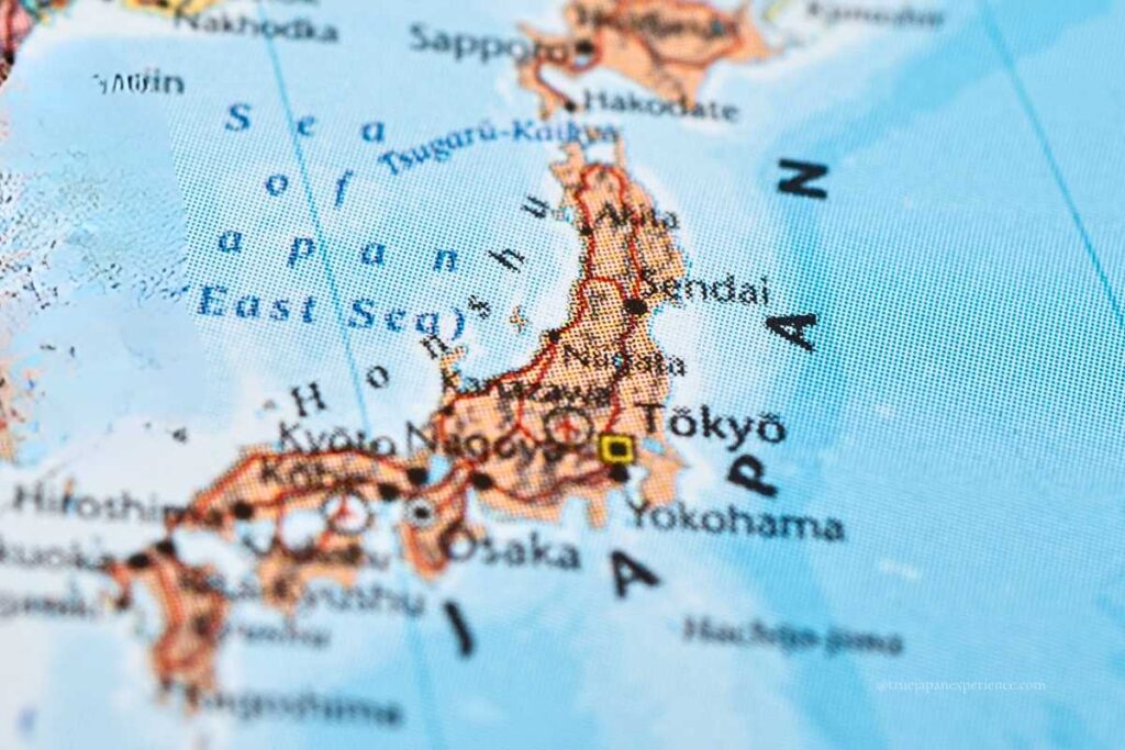 Close-up map of Japan showing major cities like Tokyo, Osaka, and Kyoto