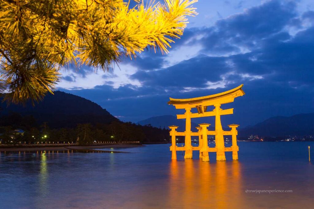 The illuminated Ryobu Torii of Itsukushima Shrine standing in the sea at night on Miyajima Island, Hiroshima.