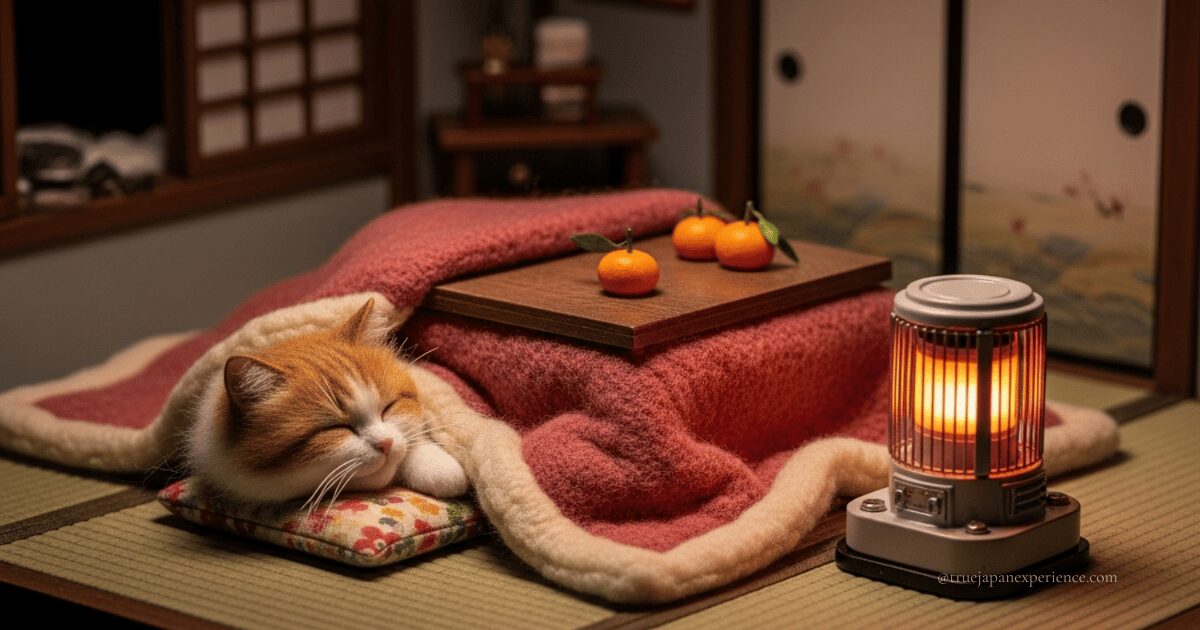 A cat relaxing under a kotatsu with oranges in a cozy Japanese room.